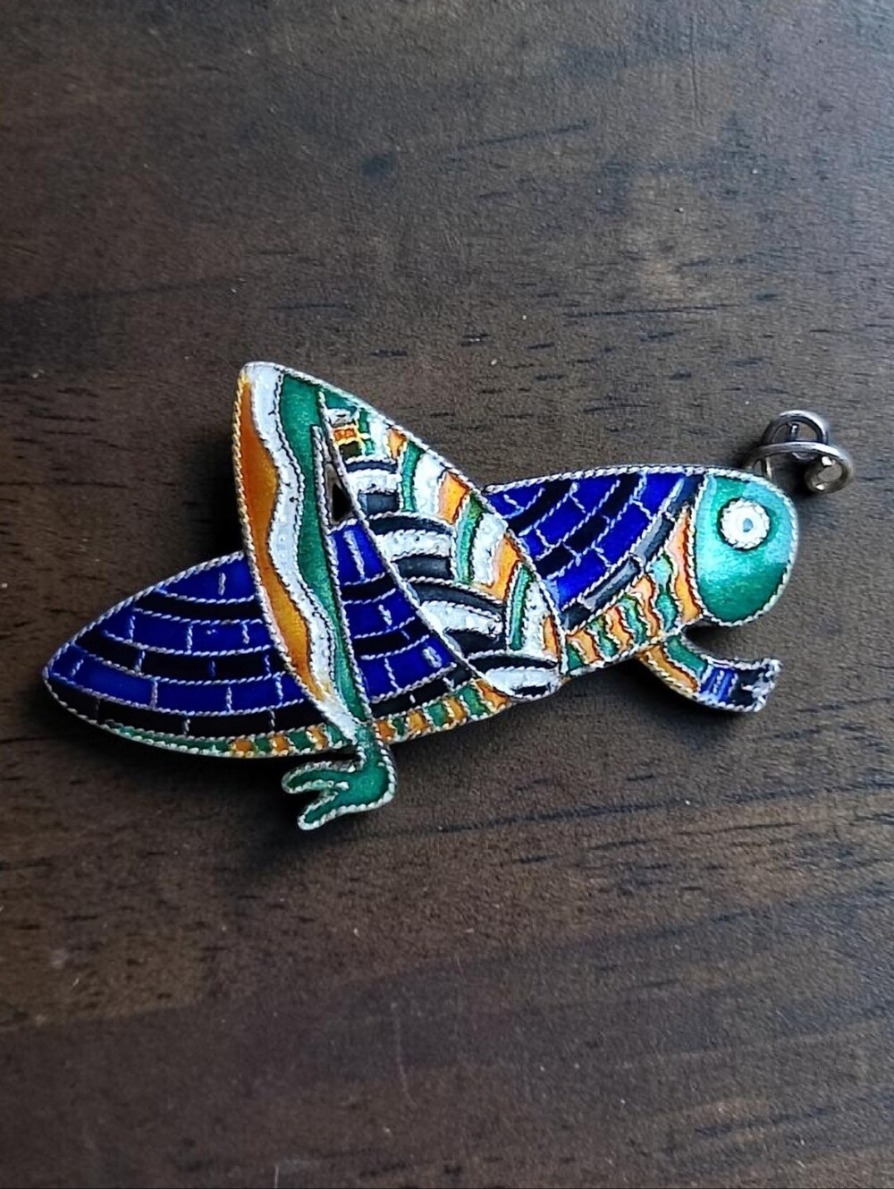 🦗 Antique Sterling Cloisonne Cricket Pin